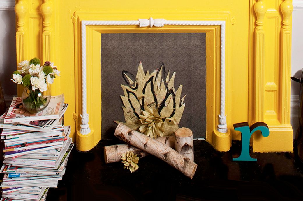 Bright yellow fireplace