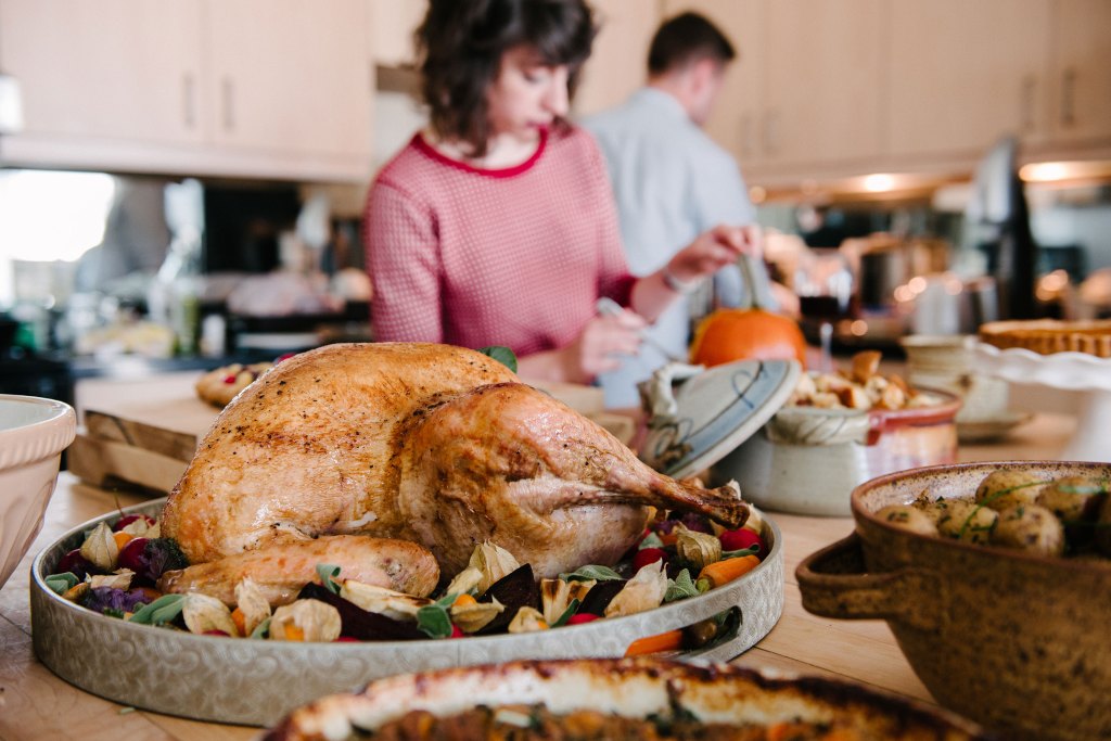 Cooked turkey on a kitchen counter