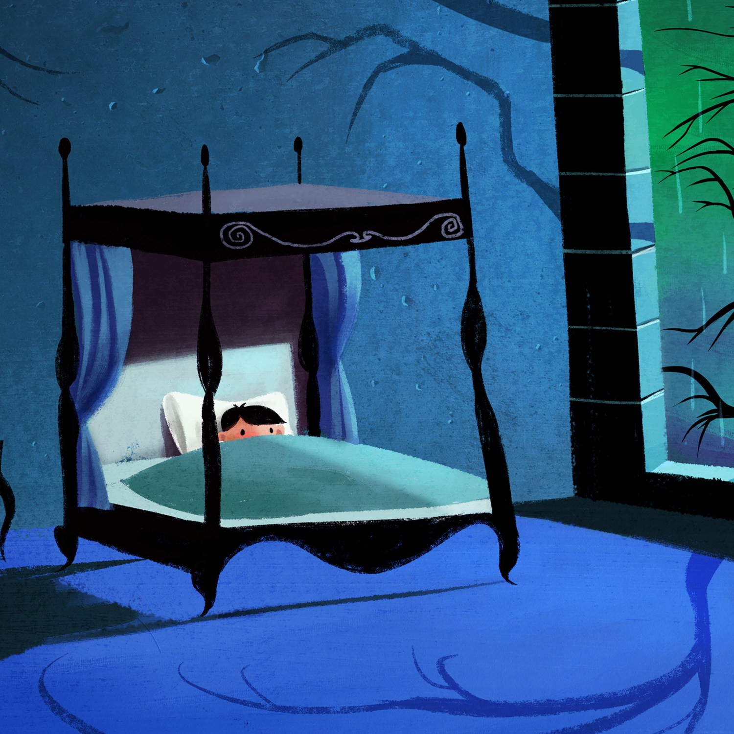 Illustration of a child tucked in bed in spooky surroundings