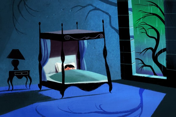 Illustration of a child tucked in bed in spooky surroundings