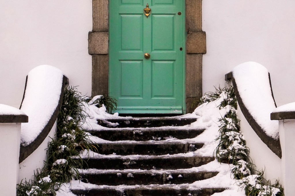 Green door at top of snowy, icy steps lined with plants