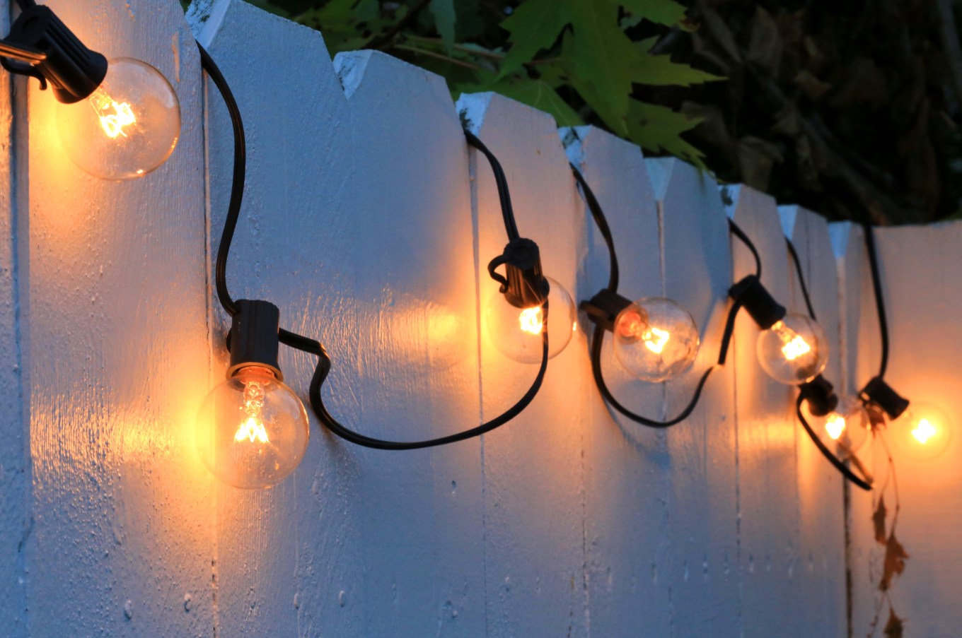 String of globe lights looped along pickets of white fence