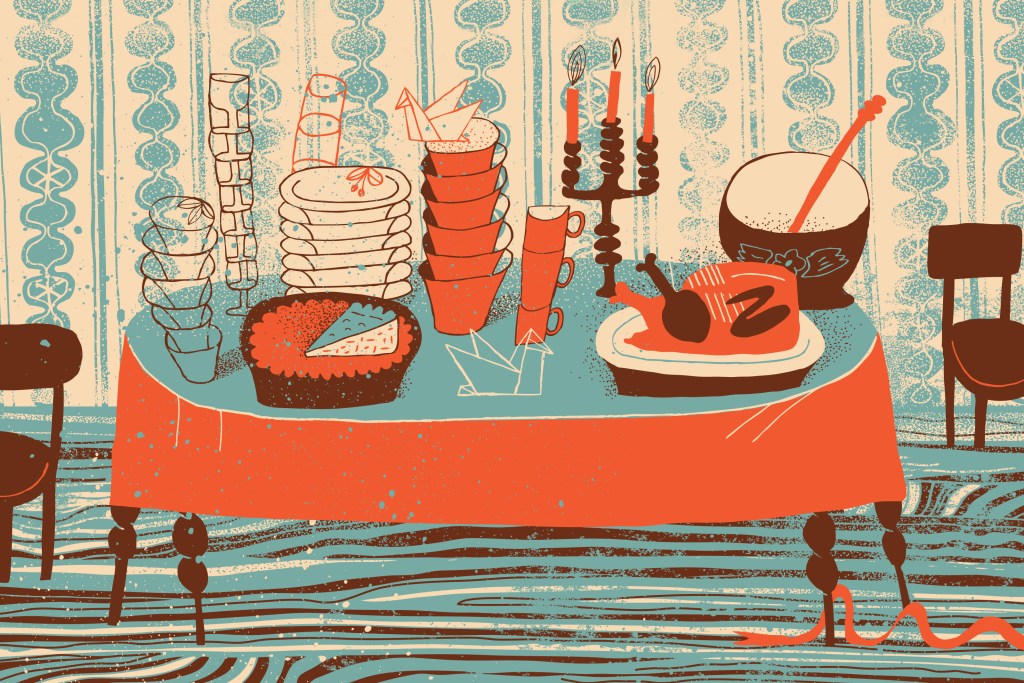 Illustration of Thanksgiving table with pie and turkey