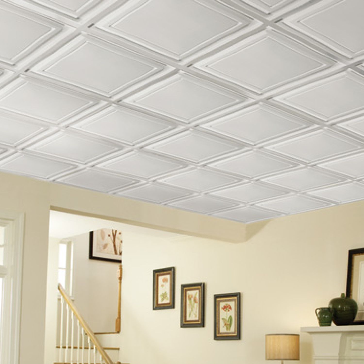 Coffered ceiling tiles in basement