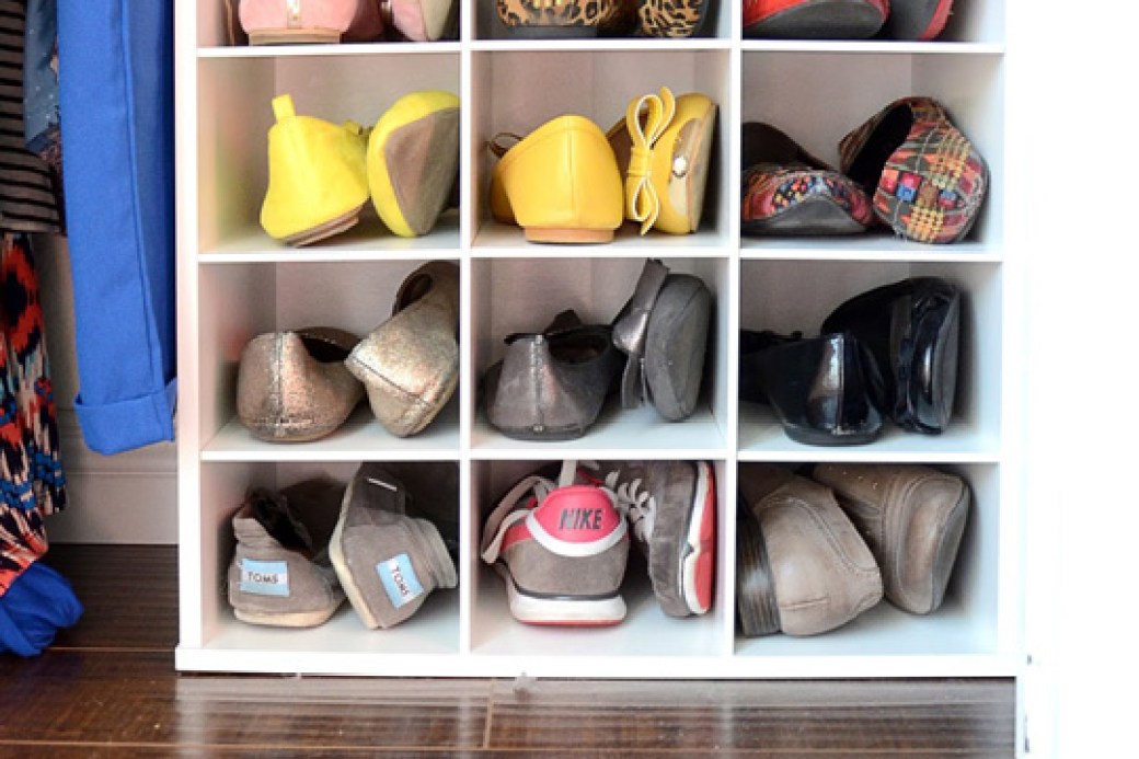 Shoes organized in a home closet
