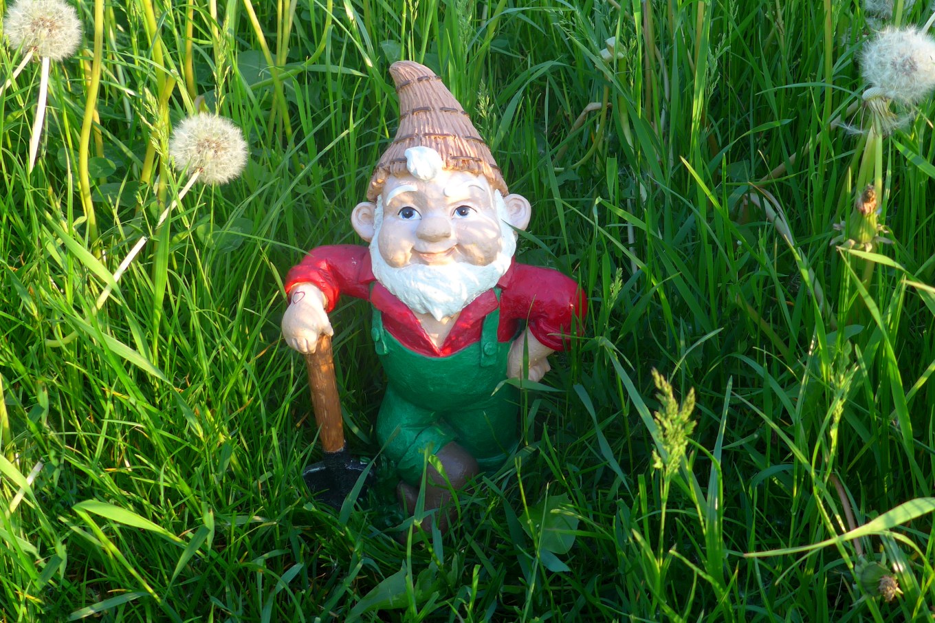 Lawn gnome in red shirt and green overalls leaning on axe