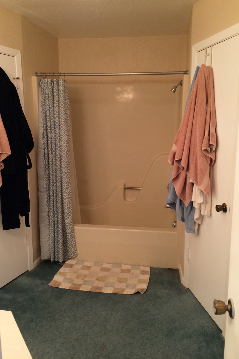 A dark teal carpeted bathroom with beige walls