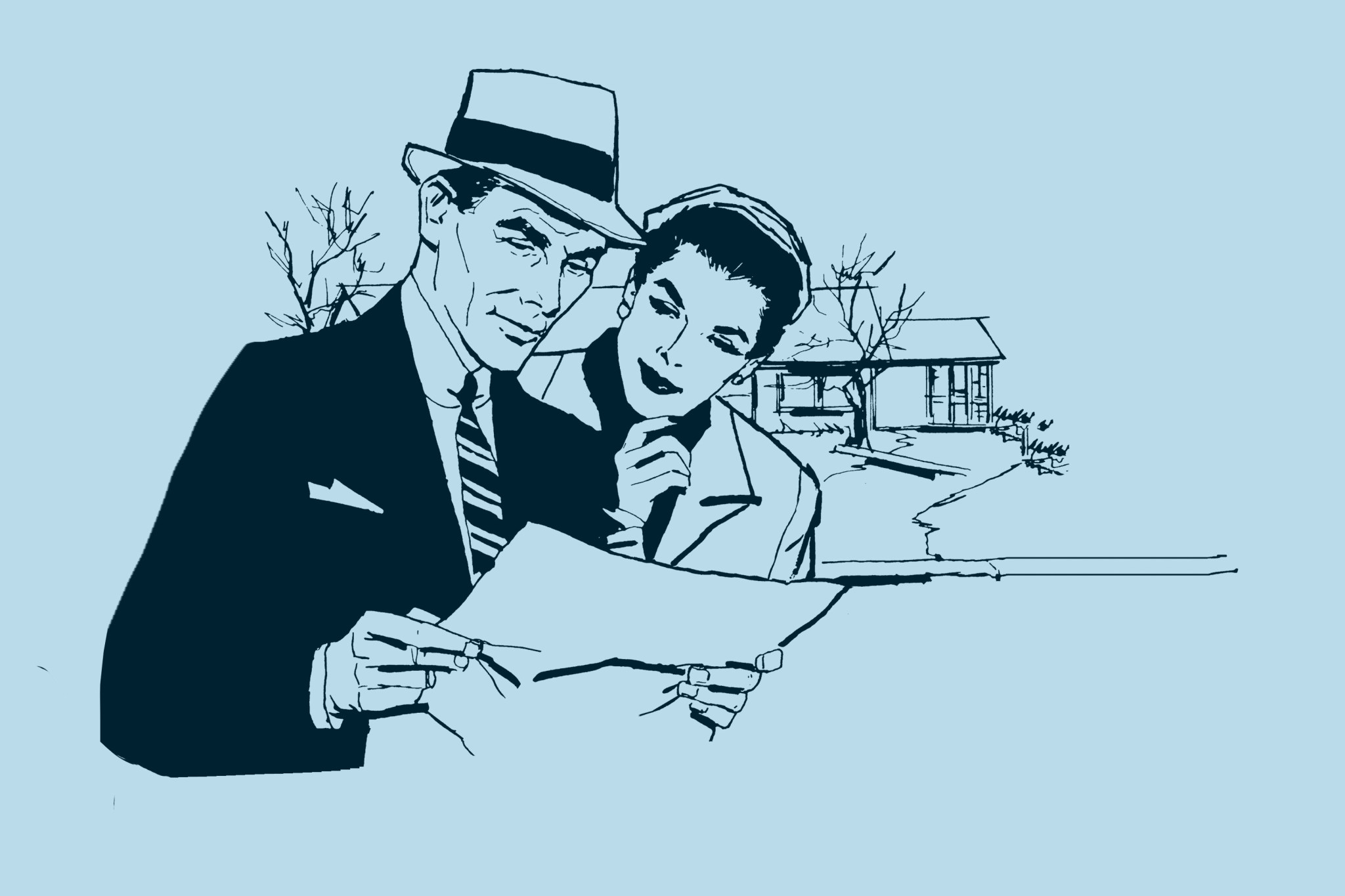 Retro couple reviewing mortgage before home closing
