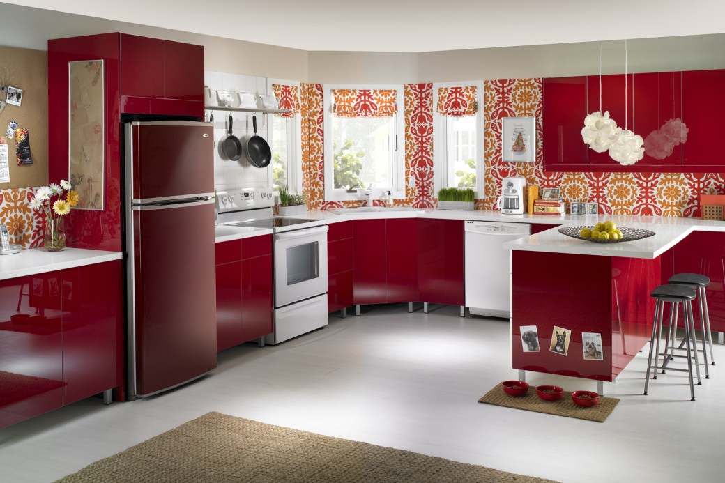 Red refrigerator in red kitchen