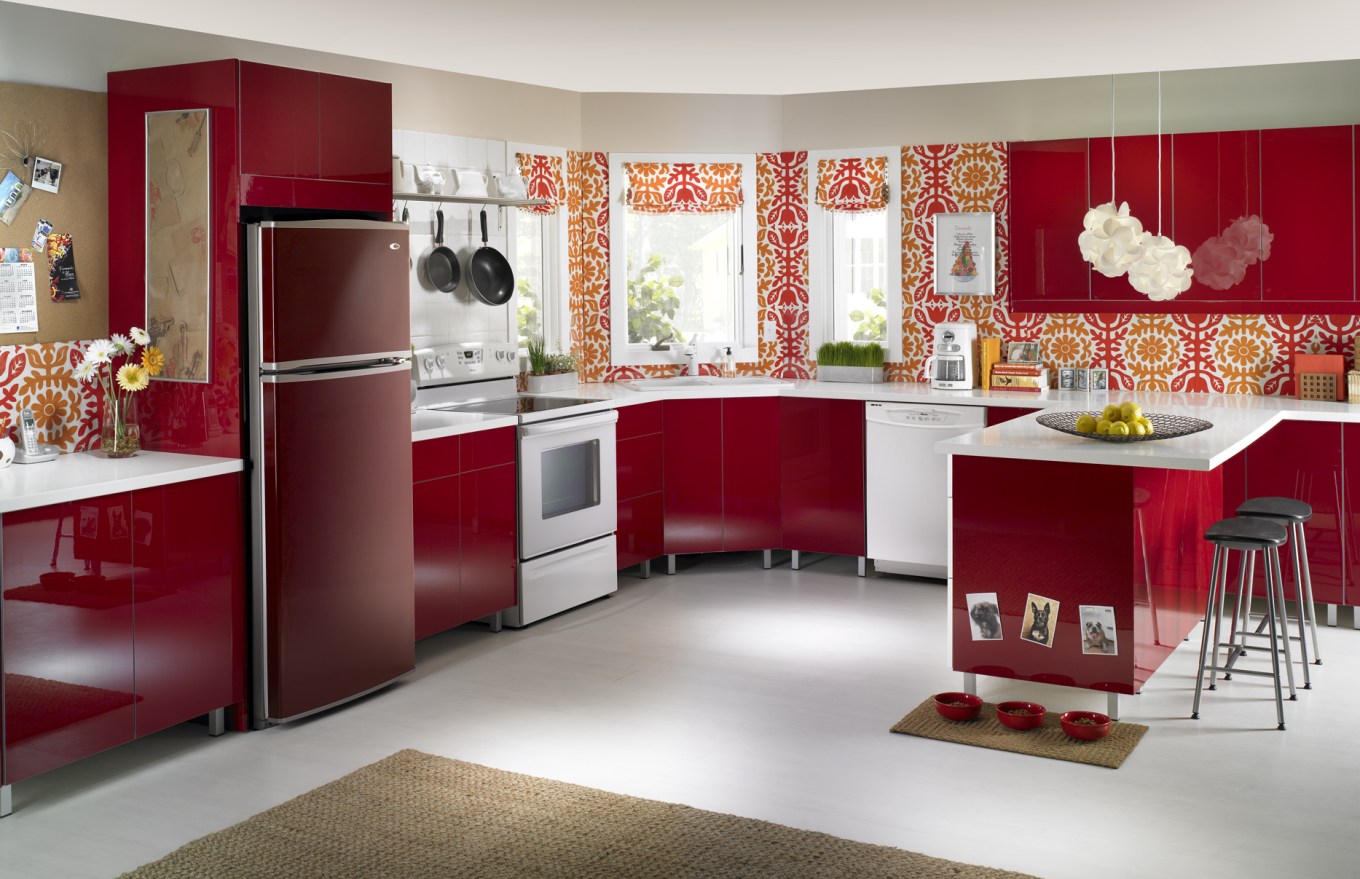 Red refrigerator in red kitchen