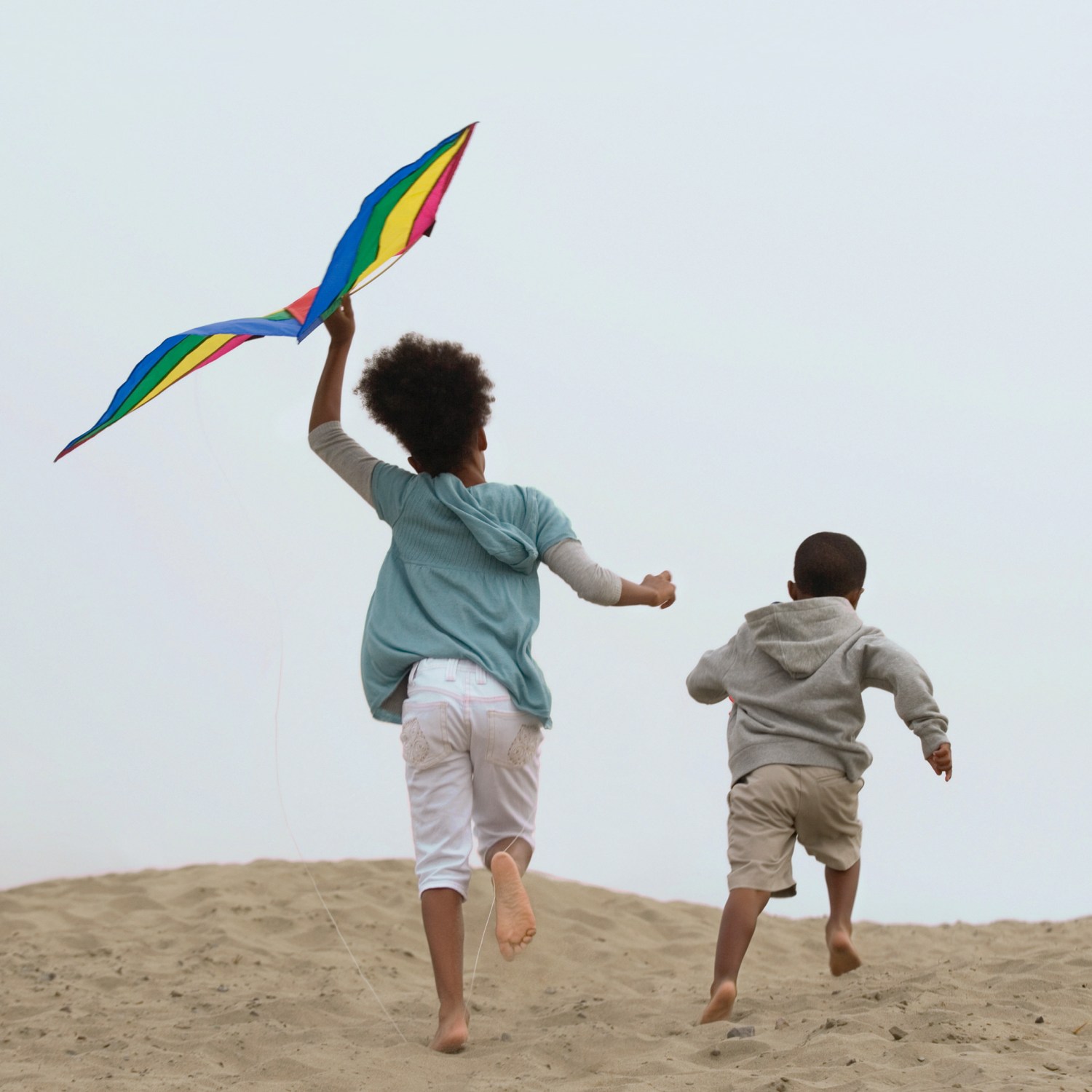 Kids flying kites at the beach