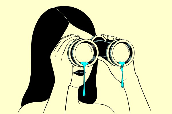 Illustration of a women holding binoculars with tears