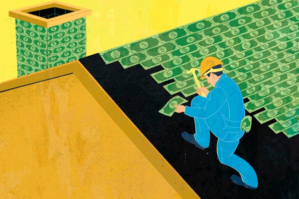 Illustration of man nailing dollar bills to a roof