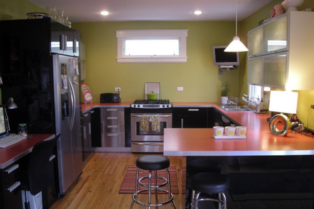 Red laminate countertop in kitchen