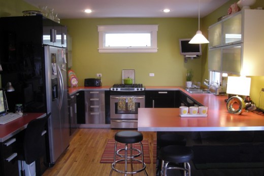 Red laminate countertop in kitchen
