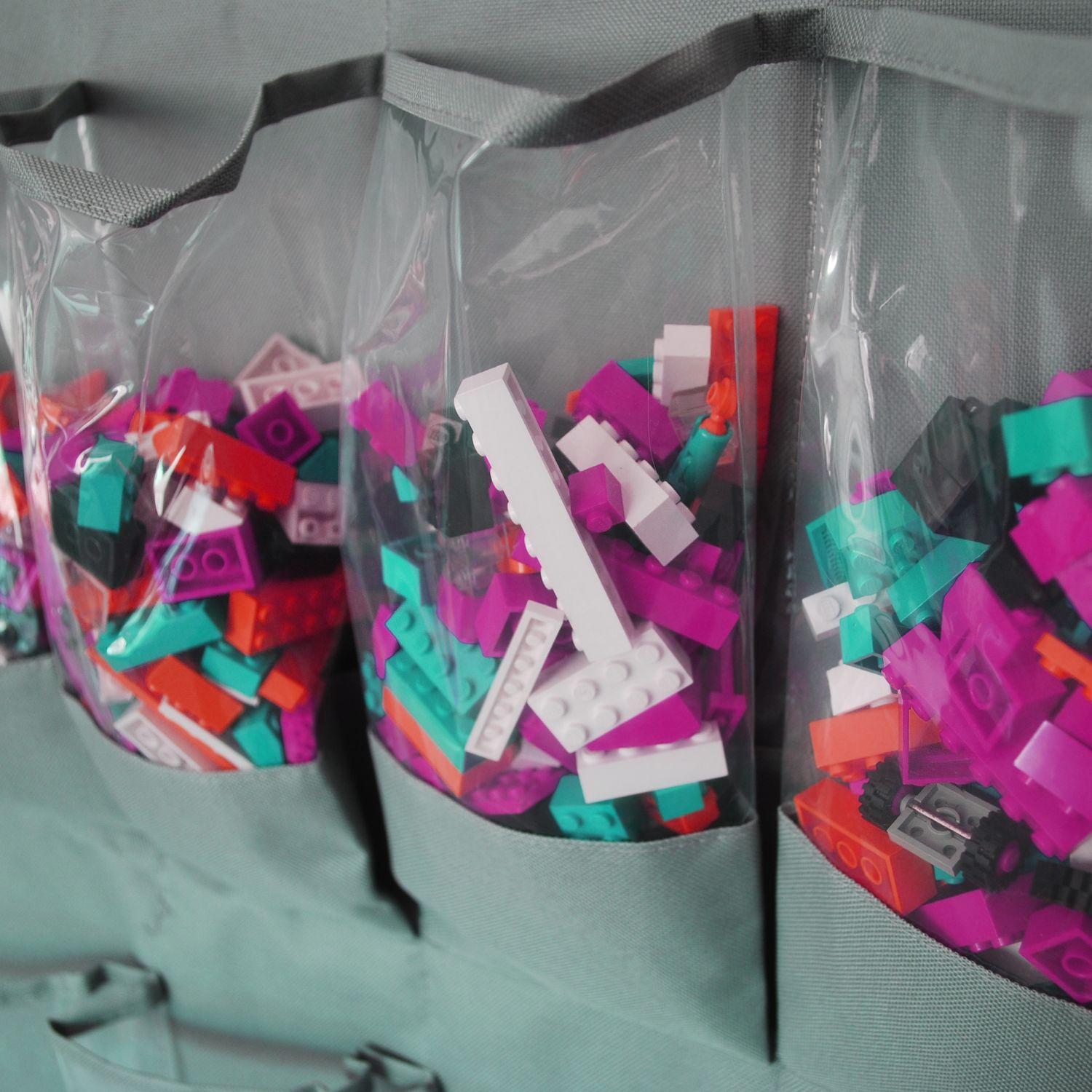 Legos stored in a shoe organizer