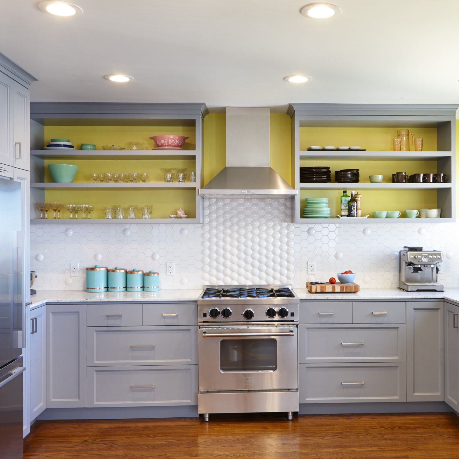 Yellow kitchen with open shelving