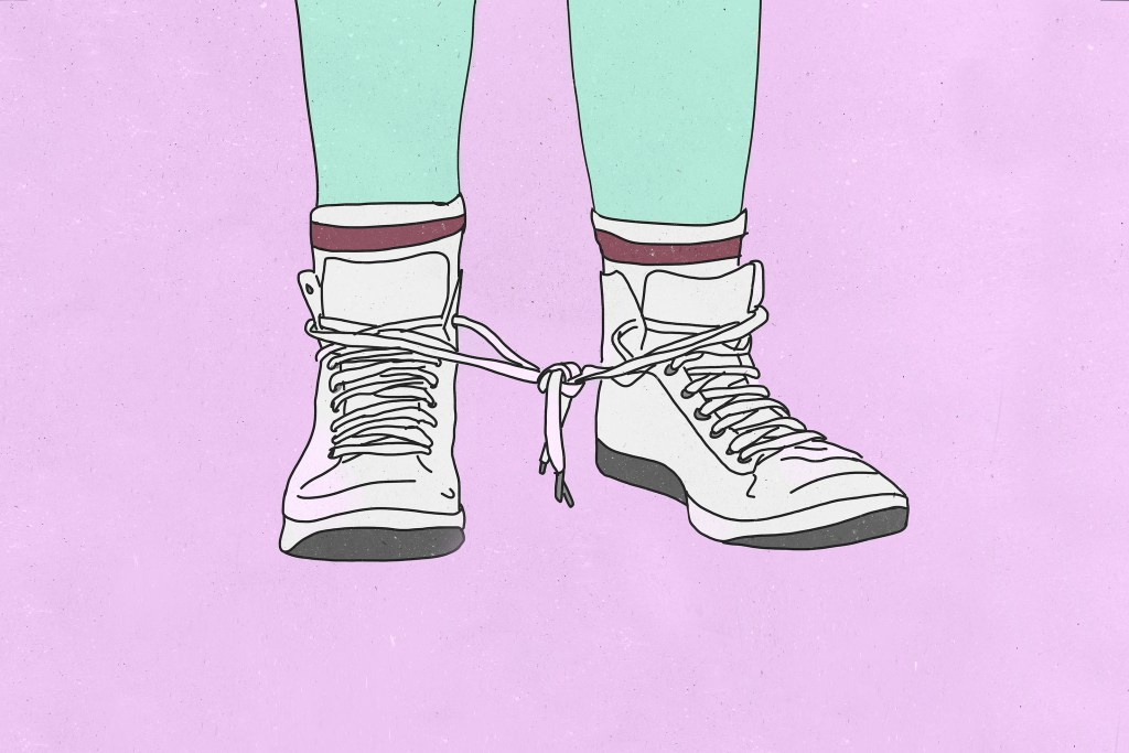 Illustration of tennis shoes with tied shoelaces in front