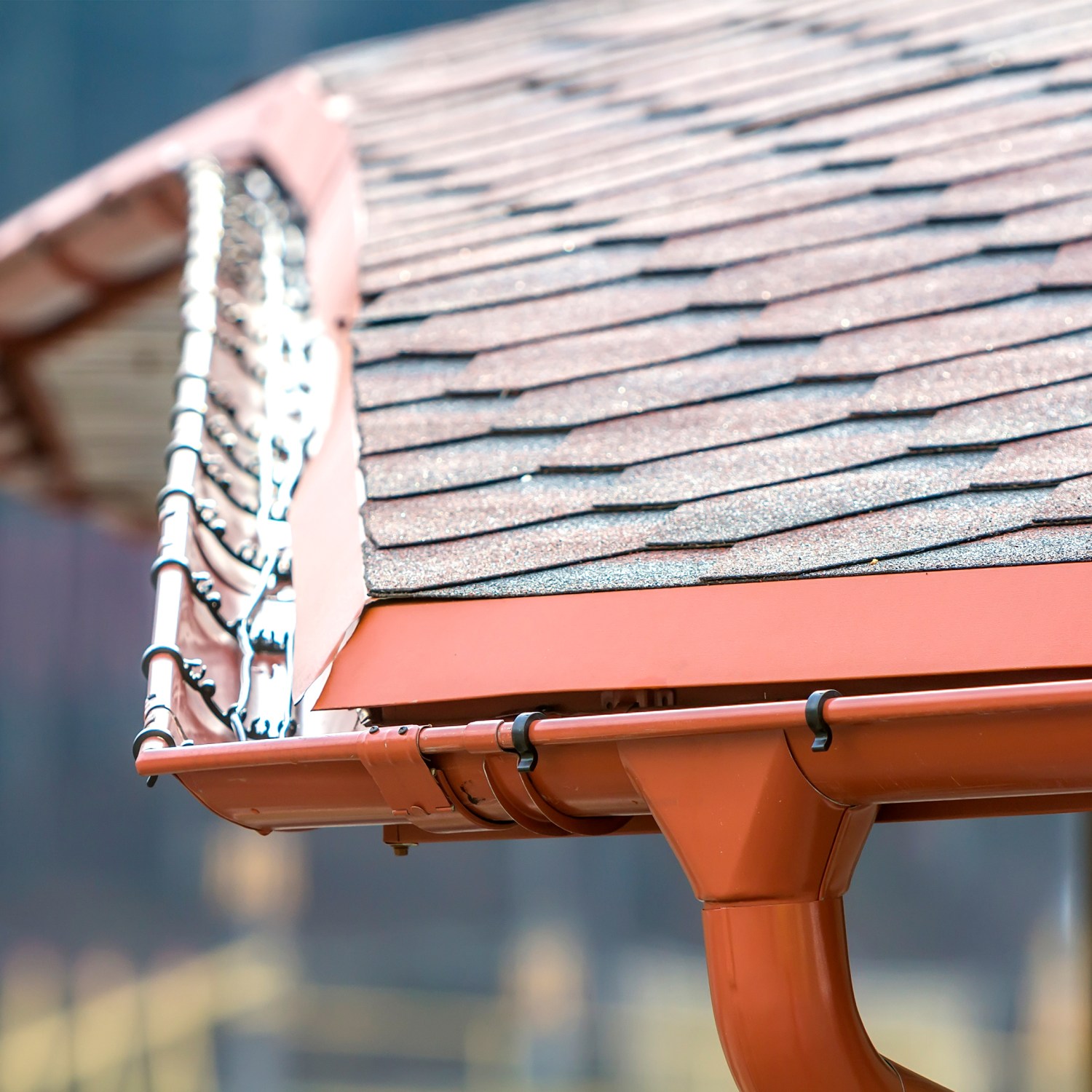 Close up of a roof with copper gutters