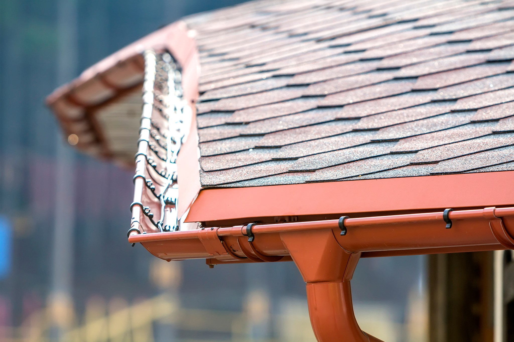 Close up of a roof with copper gutters