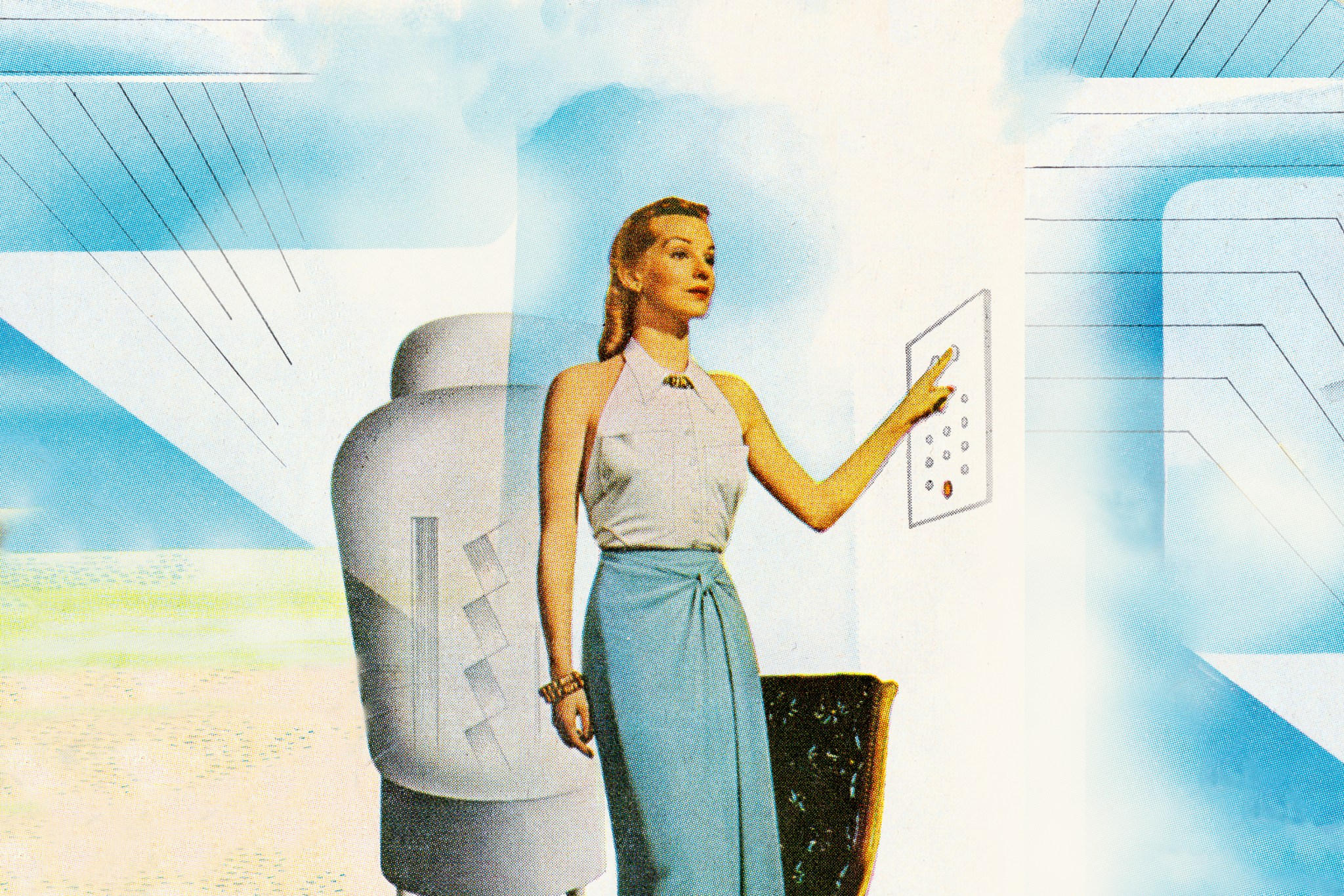 Retro illustration of woman pressing buttons on panel
