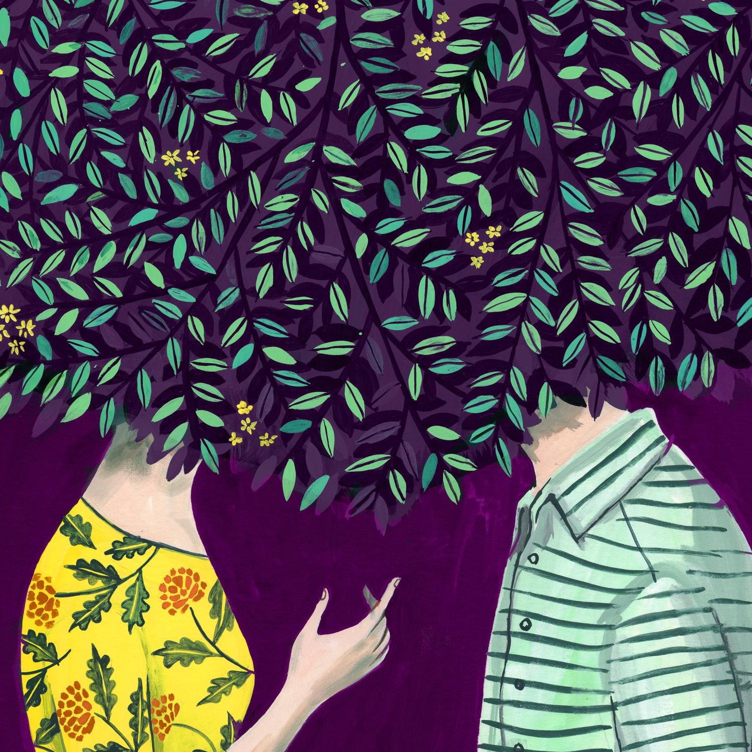 Illustration of a woman and a man with their heads in trees