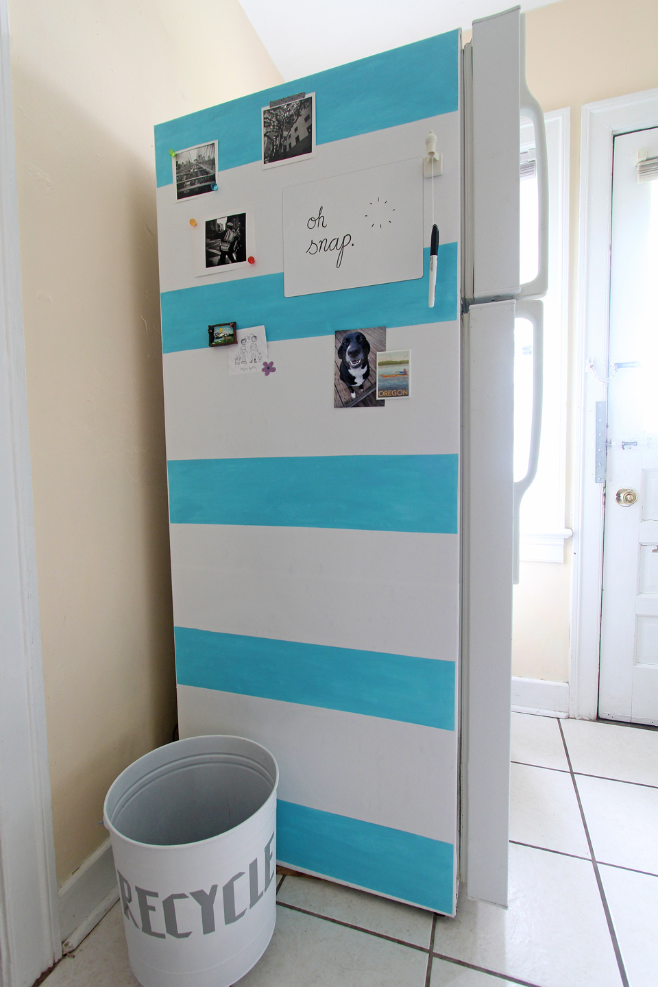 White and blue striped fridge panel