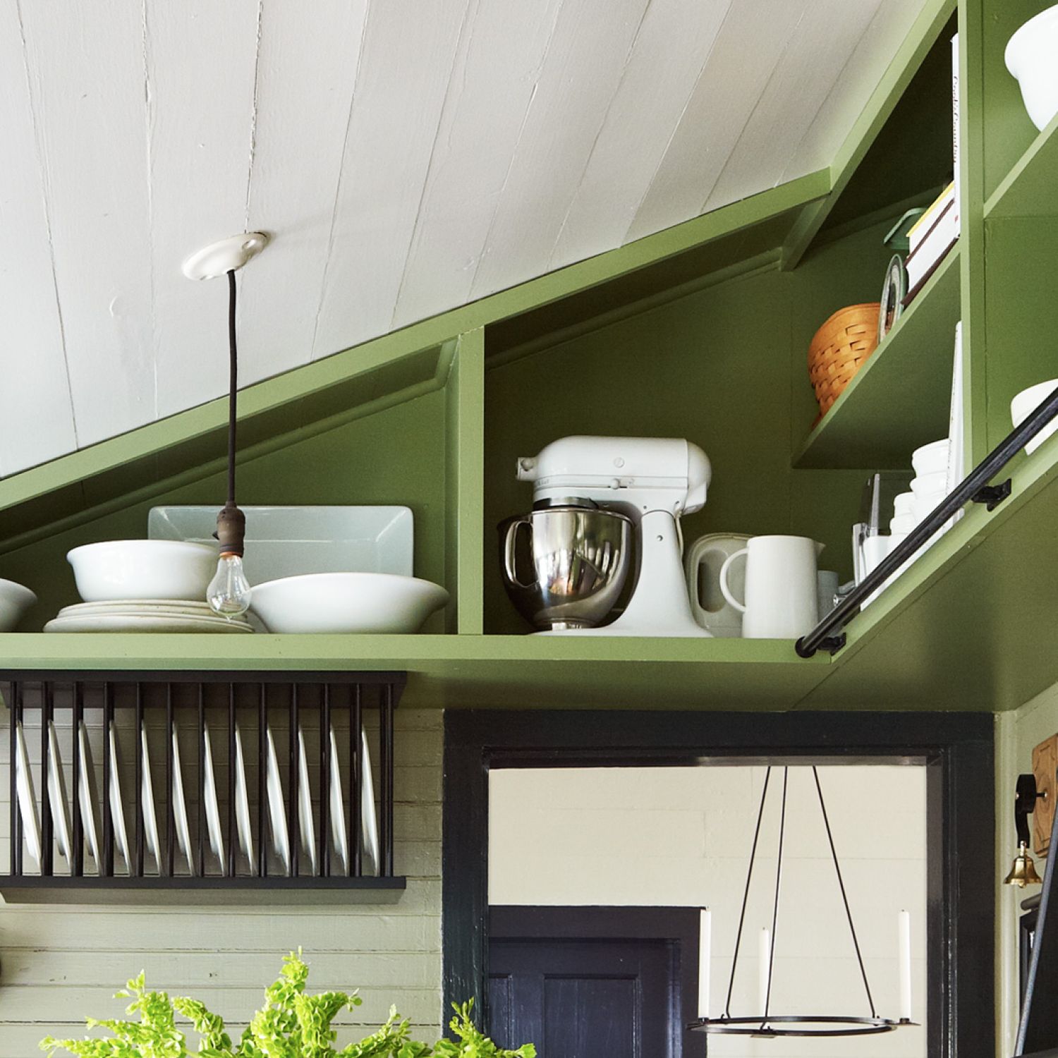 Kitchen with built-in rafter shelving