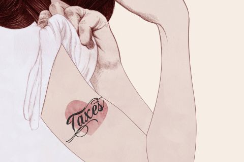 Illustration of woman with a taxes tattoo