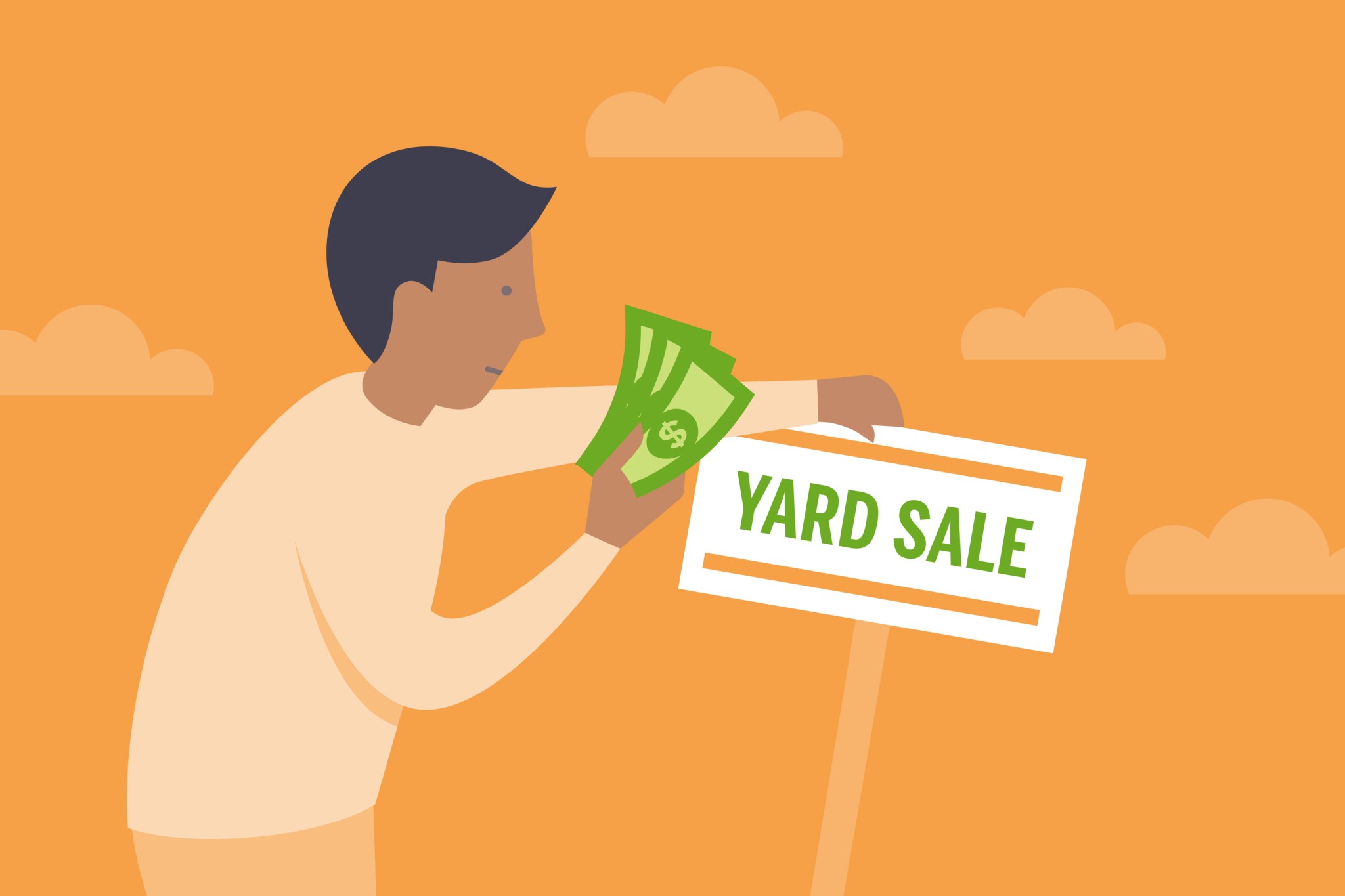 Illustration of man with a yard sale sign