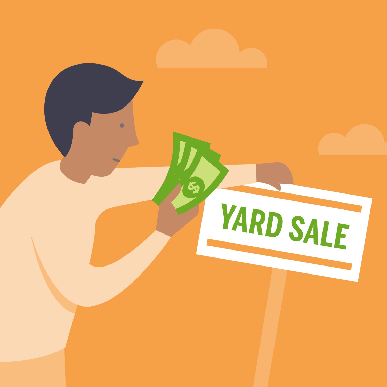 Illustration of man with a yard sale sign