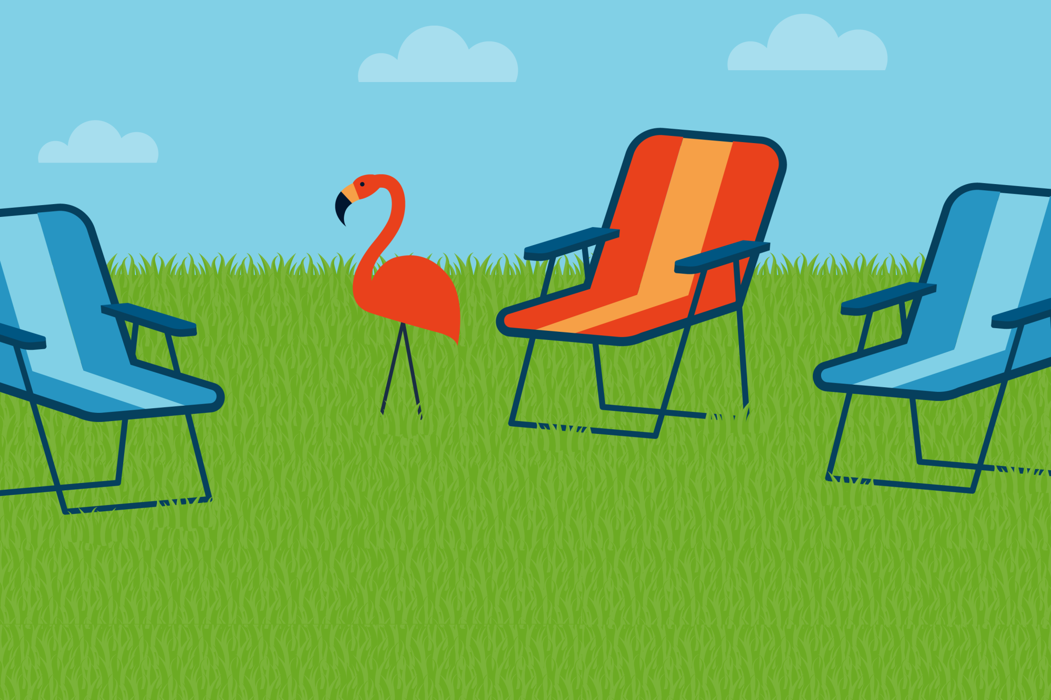 illustration of bright colored lawn chairs and a flamingo yard ornament on grass