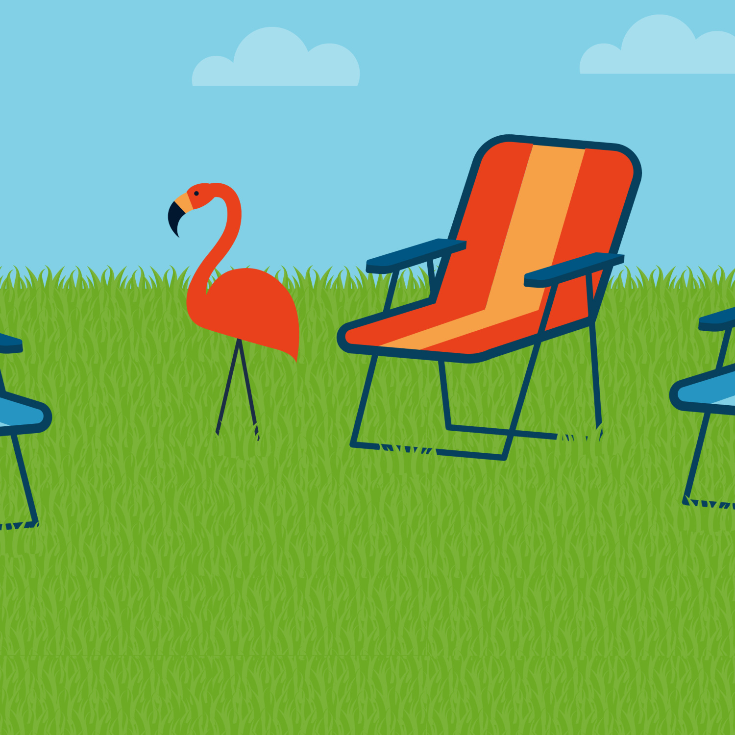 illustration of bright colored lawn chairs and a flamingo yard ornament on grass