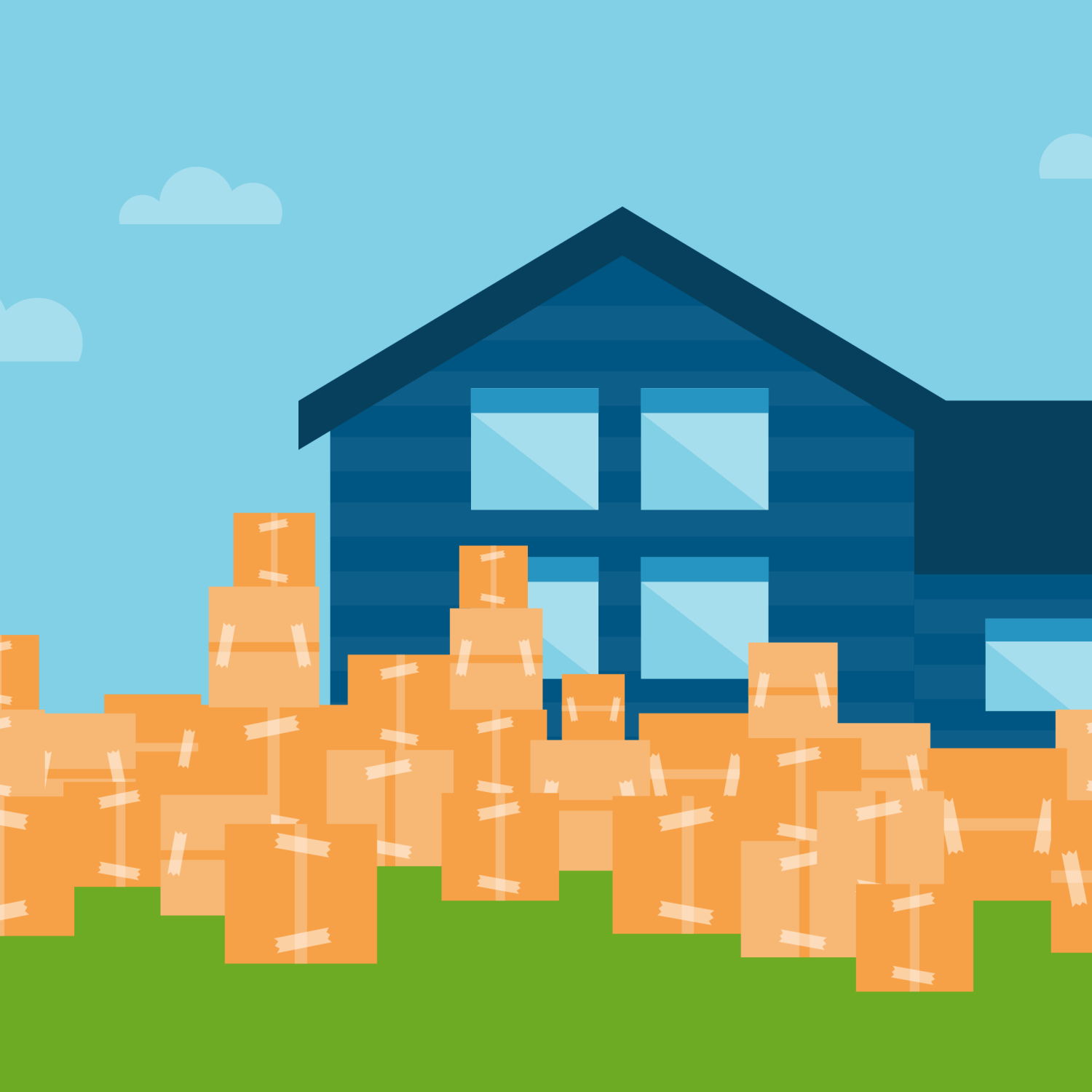 Illustration of a blue home with orange moving boxes
