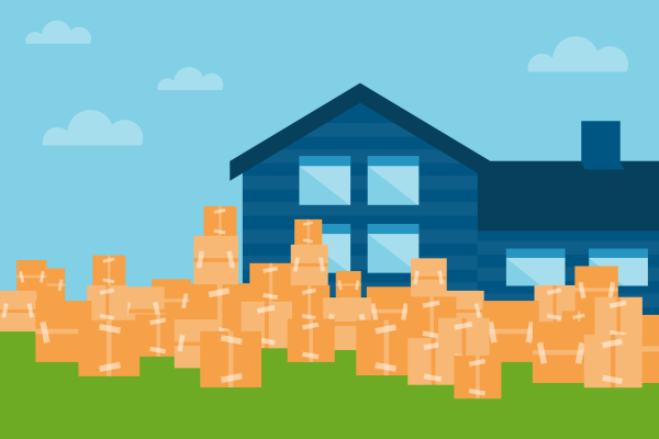 Illustration of a blue home with orange moving boxes