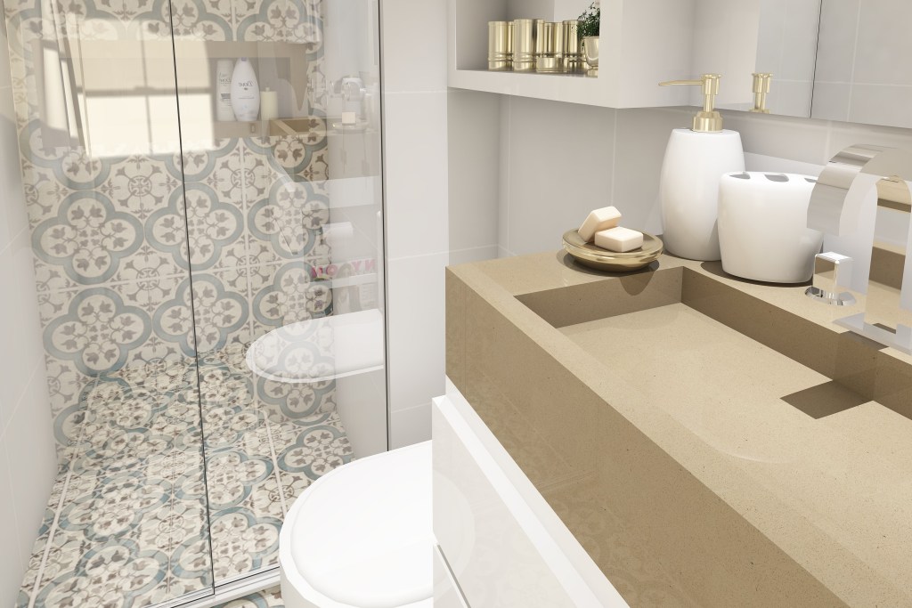 Small bathroom with white and cream tile in a shower