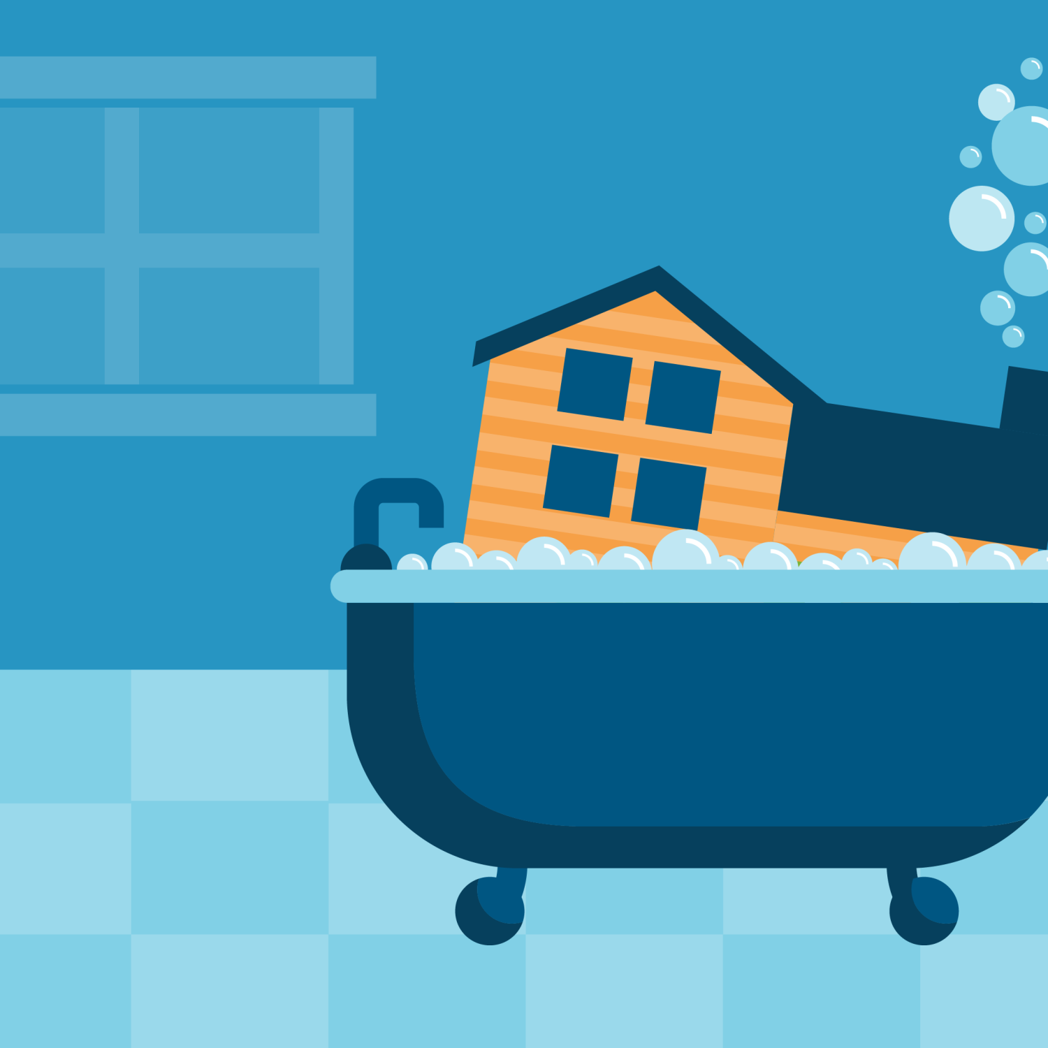 Graphic of a home in a bathtub, illustrating the idea of a clean home.