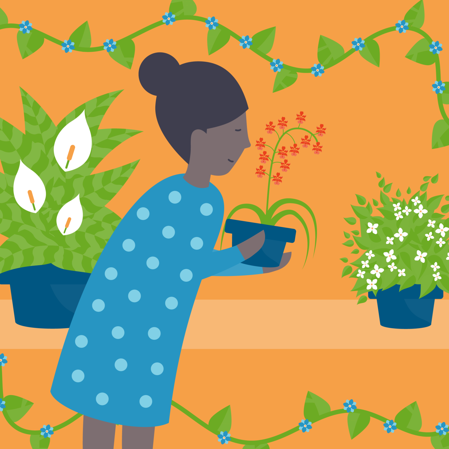 Illustration of a woman with air-purifying houseplants