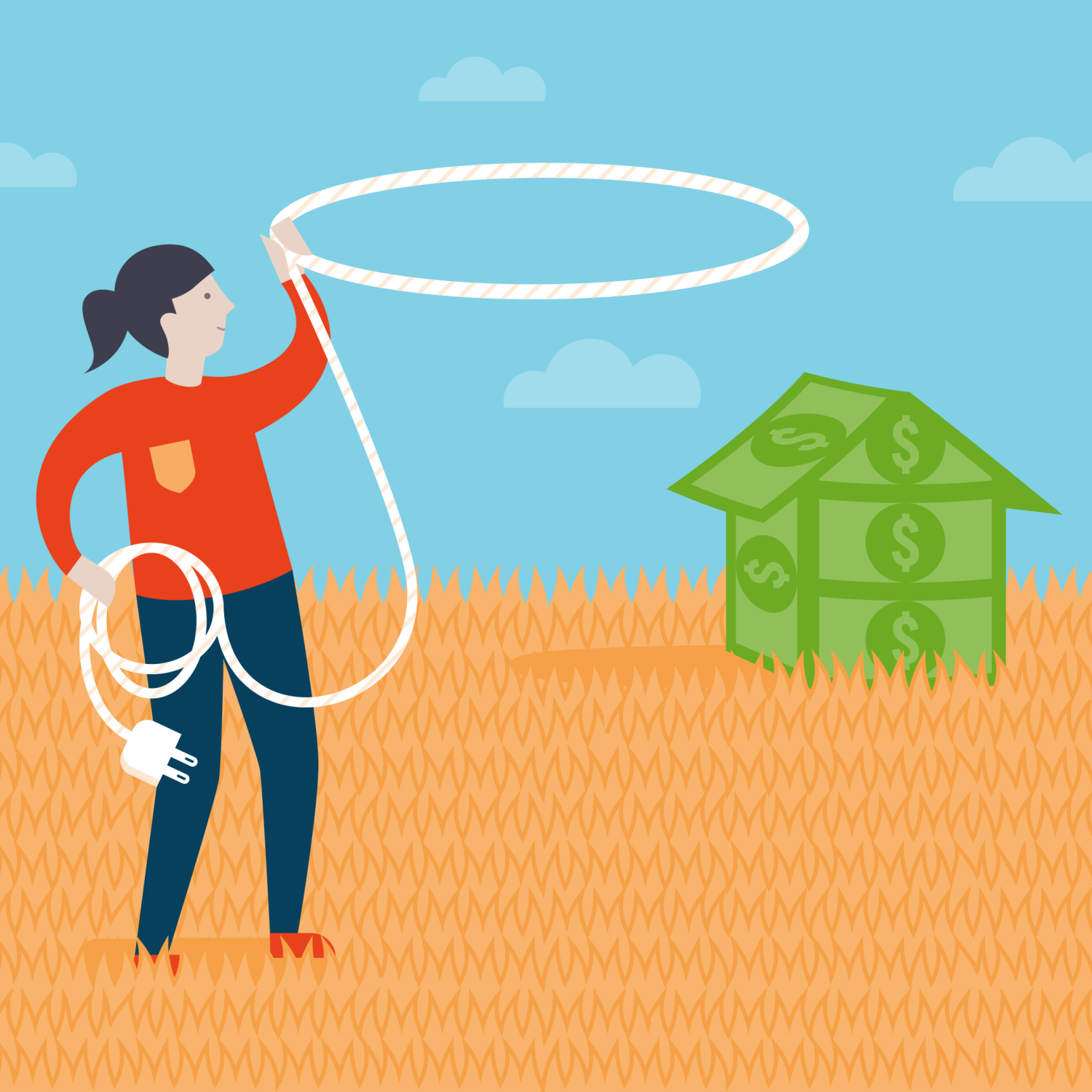 An illustration of a woman with a cord and a money house