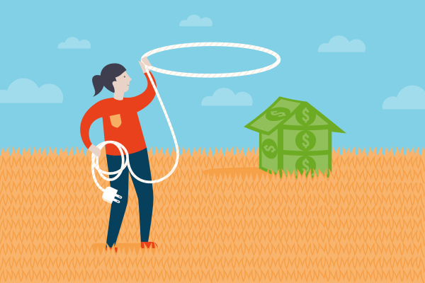 An illustration of a woman with a cord and a money house