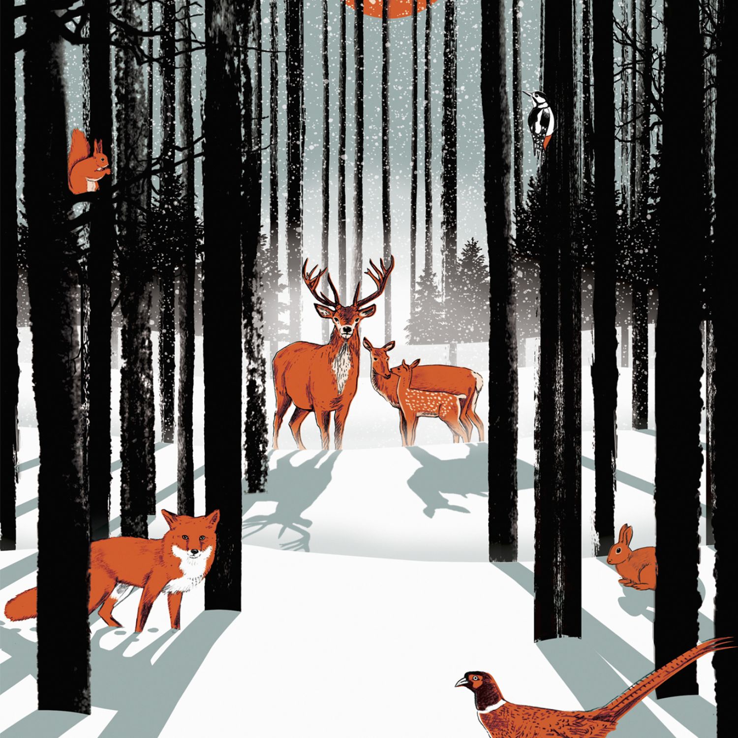 Illustration of animals standing in a snowy winter forest
