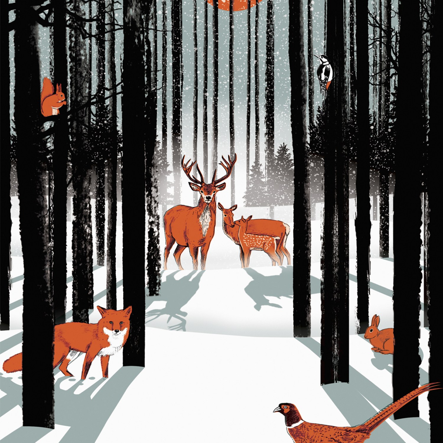 Illustration of animals standing in a snowy winter forest