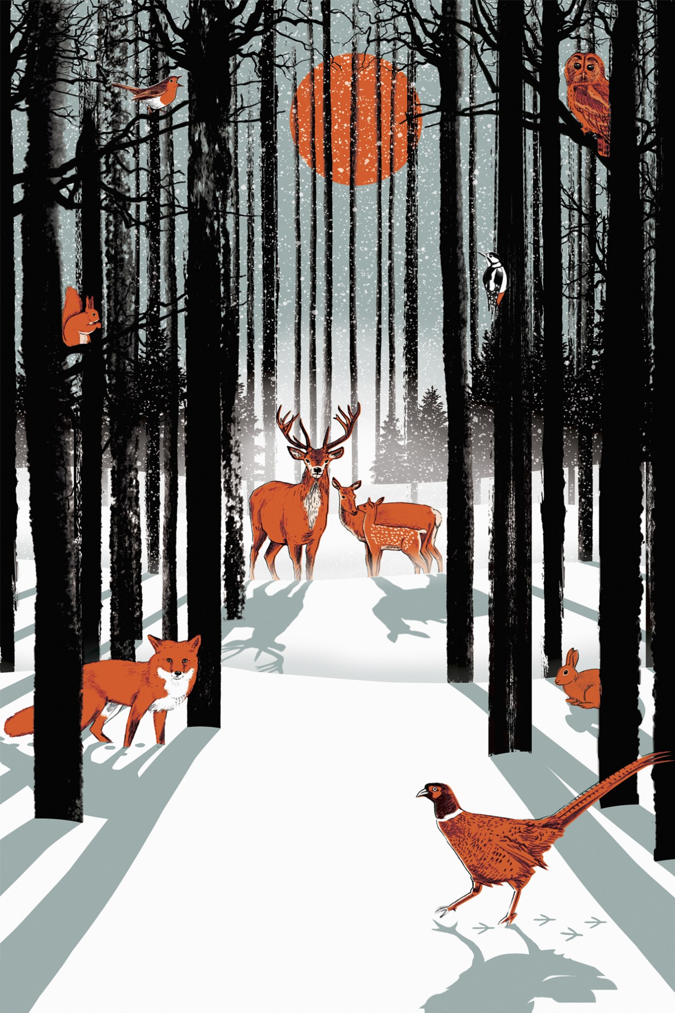 Illustration of animals standing in a snowy winter forest