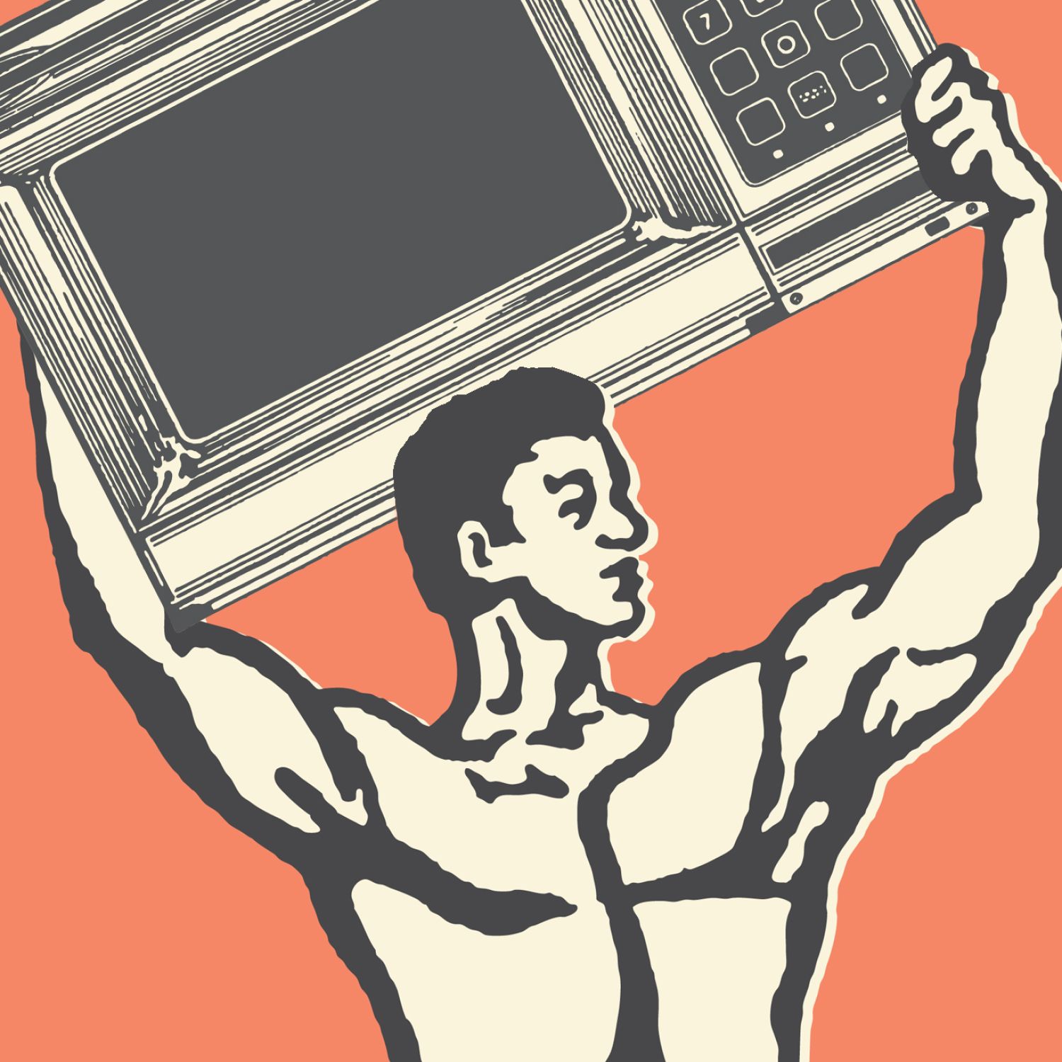 Illustration of strongman holding microwave above his head