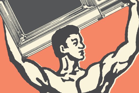 Illustration of strongman holding microwave above his head