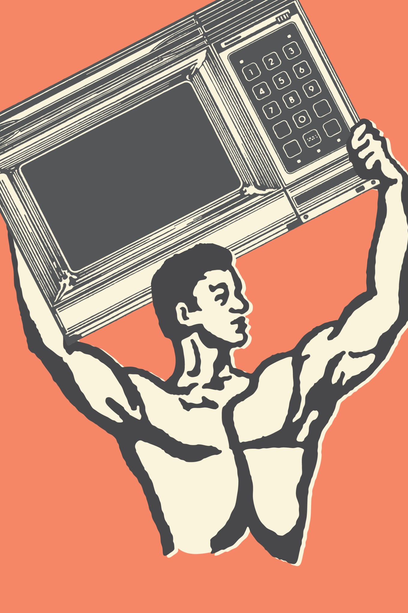 Illustration of strongman holding microwave above his head