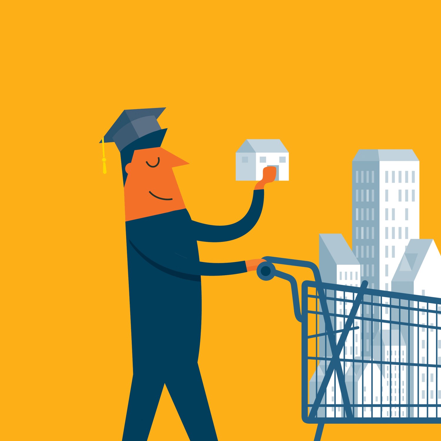 Illustration of graduate with shopping cart full of property