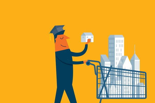Illustration of graduate with shopping cart full of property