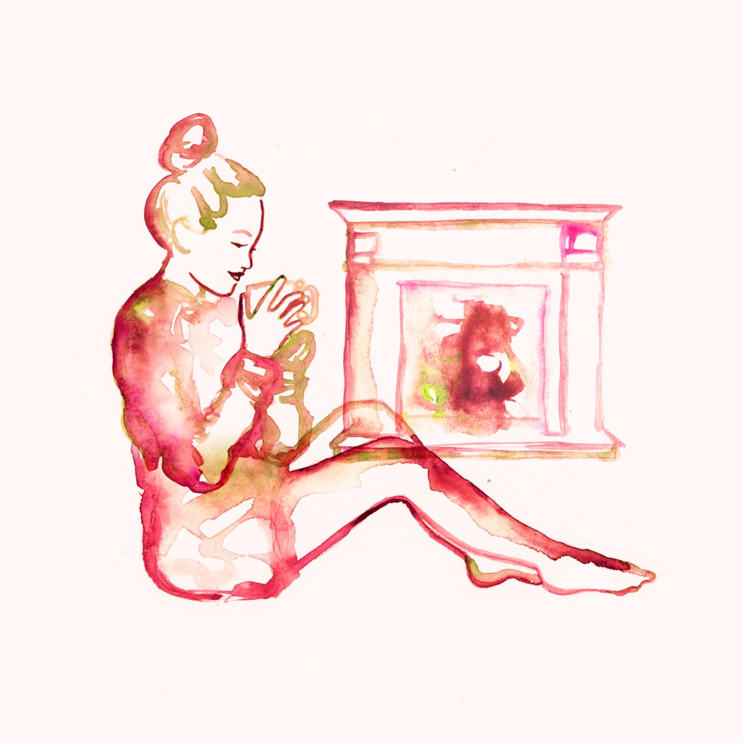 Woman staying warm by her home fireplace