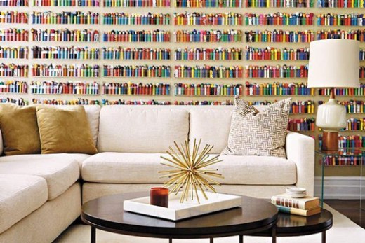 A living room with a Pez accent wall